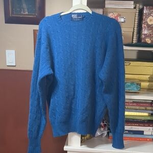 Polo Ralph Lauren Vibrant Blue 100% Cashmere Crewneck Cableknit Sweater Size XL